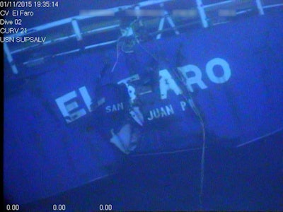 The damaged stern of the sunken freighter El Faro. (National Transportation Safety Board via AP)