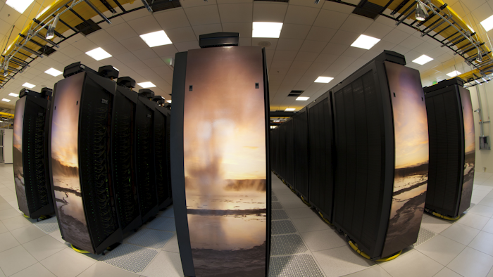 The ends of the Yellowstone supercomputer racks feature an image mosaic of the namesake park. (Image credit: University Corp. for Atmospheric Research/Carlye Calvin)