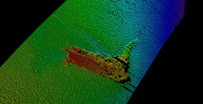 Kongsberg’s survey uncovered the remains of the Loch Ness monster model resting on a crest on the bottom of the loch, some 180 metres deep. (Image credit: Kongsberg Maritime via GE Reports)