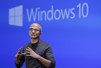 Microsoft CEO Satya Nadella speaks at an event demonstrating the new features of Windows 10 at the company's headquarters in Redmond, Wash. (AP Photo/Elaine Thompson, File)