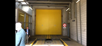 All suspicious cargo containers at Port Terminal Maasvlakte pass through NL Custom's drive-thru scanner behind this giant radiation-protective door.