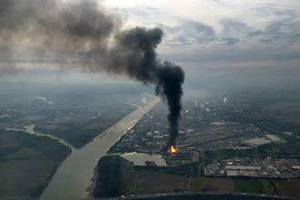 A huge cloud of dark smoke seen at the BASF chemical plant site in Ludwigshafen, Germany, Monday Oct. 17, 2016. The company said that several people were injured in a late-morning explosion. ( Ulli Ziegenfuss/dpa via AP)