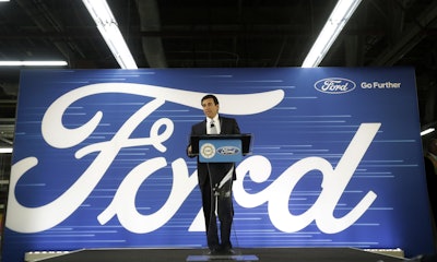 Ford President and CEO Mark Fields addresses the Flat Rock Assembly Tuesday, Jan. 3, 2017, in Flat Rock, Mich. (AP Photo/Carlos Osorio)