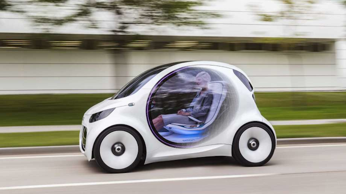 The image provided by Daimler shows smart vision EQ fort. The self-driving concept car will be presented at the Frankfurt International Motor Show, which opens for journalists Tuesday and Wednesday and to the general public from Saturday through Sept. 24, 2017. (Daimler AG via AP)