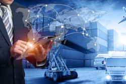 Hand Holding Tablet Is Pressing Button On Touch Screen Interface In Front Logistics Industrial Container Cargo Freight Ship 800998060 8576x4016