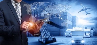 Hand Holding Tablet Is Pressing Button On Touch Screen Interface In Front Logistics Industrial Container Cargo Freight Ship 800998060 8576x4016