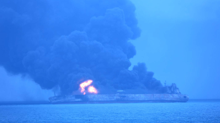 In this photo provided by Korea Coast Guard, the Panama-registered tanker 'Sanchi' is seen ablaze after a collision with a Hong Kong-registered freighter off China's eastern coast Sunday, Jan. 7, 2018. The oil tanker collided with a bulk freighter and caught fire off China's eastern coast, leaving its entire crew of 32 missing, most of them Iranians, authorities said. (Korea Coast Guard via AP)