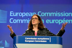 European Commissioner for Trade Cecilia Malmstroem speaks during a media conference at EU headquarters in Brussels on Wednesday, March 7, 2018. Image credit: AP Photo/Virginia Mayo