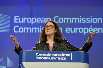 European Commissioner for Trade Cecilia Malmstroem speaks during a media conference at EU headquarters in Brussels on Wednesday, March 7, 2018. Image credit: AP Photo/Virginia Mayo