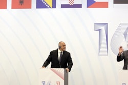 Croatian PM Andrej Plenković speaks during joint news conference along with Bulgarian PM Borissov, center and Li Keqiang, Premier of the State Council of the People's Republic of China, at the press conference, National Palace of Culture in Sofia during the 7th Summit of Heads of Government of CEEC and China, on Saturday July 7, 2018. Image credit: AP Photo/Valentina Petrova