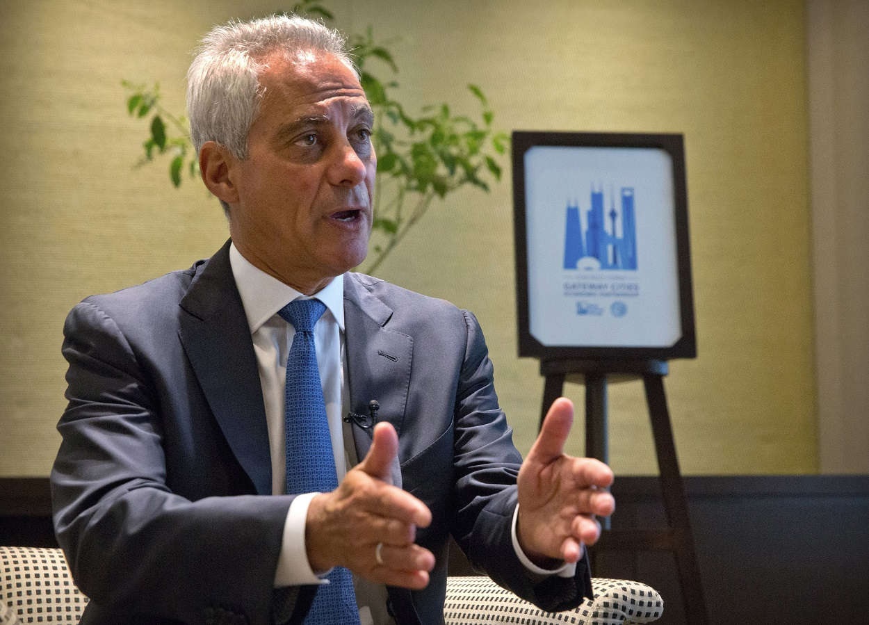 Chicago Mayor Rahm Emanuel speaks during an interview with the Associated Press in Beijing, Thursday, July 12, 2018. Image credit: AP Photo/Mark Schiefelbein