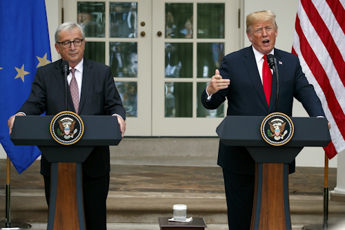 President Donald Trump and European Commission president Jean-Claude Juncker speak in the Rose Garden of the White House, Wednesday, July 25, 2018, in Washington. Image credit: AP Photo/Evan Vucci