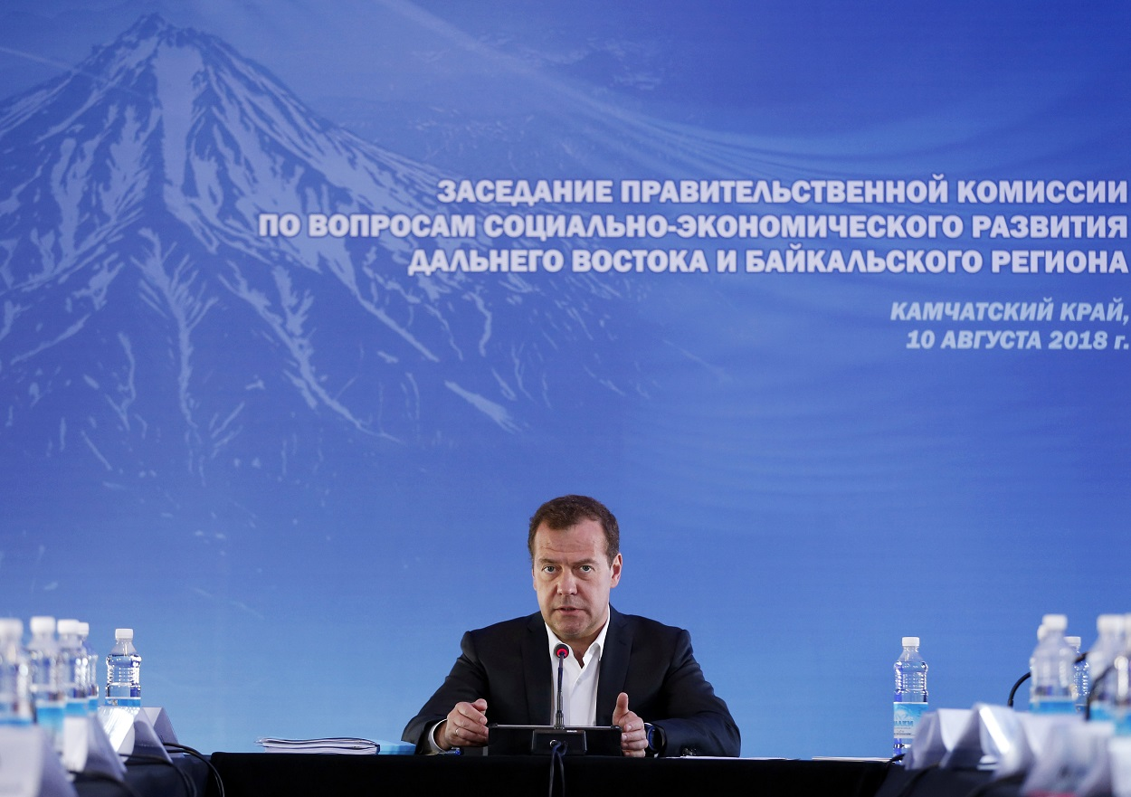 Russian Prime Minister Dmitry Medvedev speaks during a meeting in Kamchatka Peninsula region, Russian Far East, Russia, Friday, Aug. 10, 2018. Image credit: Dmitry Astakhov, Sputnik, Government Pool Photo via AP
