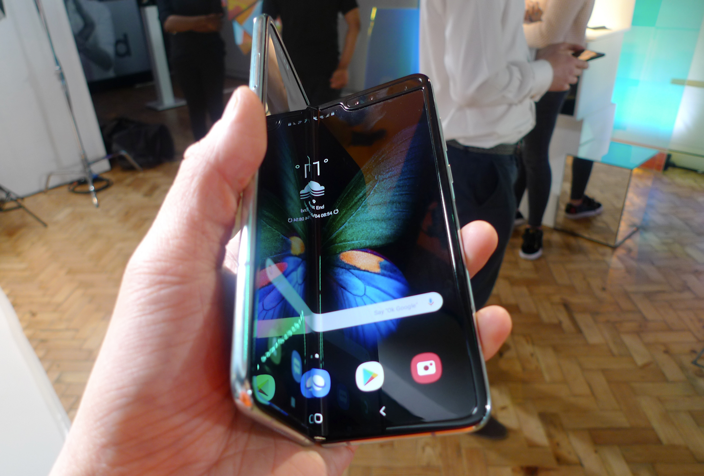 The Samsung Galaxy Fold smartphone is seen during a media preview event in London, Tuesday April 16, 2019. Samsung is hoping the innovation of smartphones with folding screens reinvigorates the market. (AP Photo/Kelvin Chan)