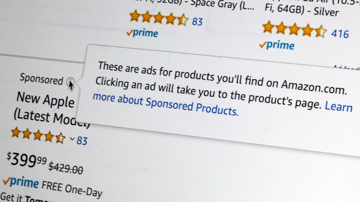 This photo from Oct. 31 shows the sponsored logo, and explanation, in an Amazon product offering on a computer screen in New York.