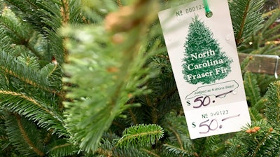 In this Monday, Dec. 9, 2019, photo, a North Carolina fraser fir Christmas tree is for sale in Lenoir, N.C. A Christmas tree shortage is being blamed on the Great Recession. Poor sales a decade ago, limited the number of trees planted, which are being harvested this year.