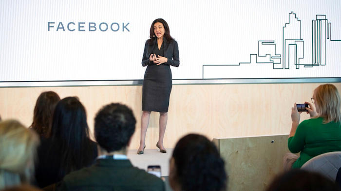Facebook's Chief Operating Officer Sheryl Sandberg speaks during a press conference in London, Tuesday Jan. 21, 2020. Facebook says it plans to hire 1,000 more staff in Britain, mainly for its technology and harmful content teams, and that it will add the new roles by the end of the year, which will bring its U.K. workforce to more than 4,000.