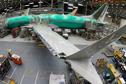 In this March 27, 2019, photo taken with a fish-eye lens, a Boeing 737 MAX 8 airplane sits on the assembly line during a brief media tour in Boeing's 737 assembly facility in Renton, Wash. The looming production shutdown of Boeing 737 Max jets is taking a toll on a key supplier. Spirit AeroSystems Holdings Inc. is asking employees if they will take voluntarily buyouts. Spirit suspended production of fuselages and other parts for the Max on Jan. 1, 2020, after Boeing told the Wichita, Kansas, company to suspend shipments.