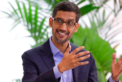 Google's chief executive Sundar Pichai addresses the audience during an event on artificial intelligence at the Square in Brussels, Monday, Jan. 20, 2020. Google's chief executive called Monday for a balanced approach to regulating artificial intelligence, telling a European audience that the technology brings benefits but also negative consequences.