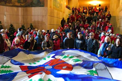 In this Nov. 21, 2019, file photo, demonstrators against a proposed liquid-natural gas pipeline and export terminal in Oregon flooded into the State Capitol in Salem, Ore., to demand Democratic Gov. Kate Brown stand against the proposal.