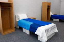 Two sets of bedroom furniture, including cardboard beds, for the Tokyo 2020 Olympic and Paralympic Villages are shown in a display room Thursday, Jan. 9, 2020, in Tokyo. Tokyo Olympic athletes beware - particularly larger ones. The single bed frames in the Athletes Village at this year's Olympics will be made of cardboard. The single bed frames will be recycled into paper products after the games. The mattress components - the mattress are not made of cardboard - will be recycled into plastic products.