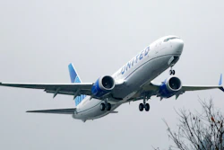In this Dec. 11, 2019, file photo, an United Airlines Boeing 737 Max airplane takes off in the rain at Renton Municipal Airport in Renton, Wash. Boeing said Tuesday, Jan, 7, 2020, it is recommending that pilots receive training in a flight simulator before the grounded 737 Max returns to flying, a reversal of the company's long-held position that computer-based training alone was adequate. The 737 Max has been grounded worldwide since last March after two crashes killed 346 people.