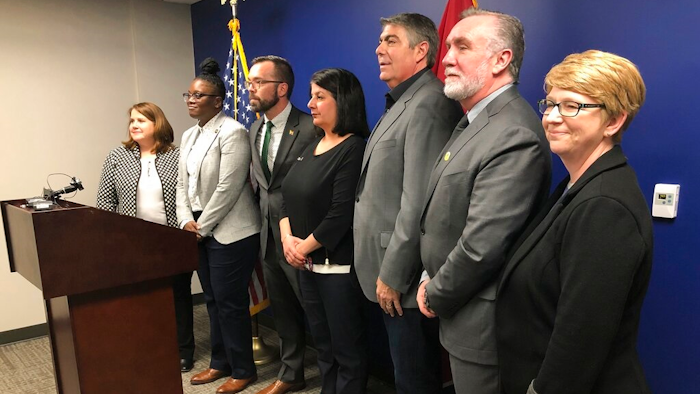 LGBT advocacy group leaders and representatives from businesses gathered at the Cordell Hull legislative building in Nashville on Wednesday, Feb. 5, 2020 for a news conference to oppose a state adoption law and other proposals that target the LGBT community. Almost three dozen big companies and more than 100 small businesses in Tennessee on Wednesday predicted economic backlash from a newly enacted state adoption law and other proposals that target LGBT people, with one company saying plans to add jobs in Nashville are 'in doubt' over the legislation.