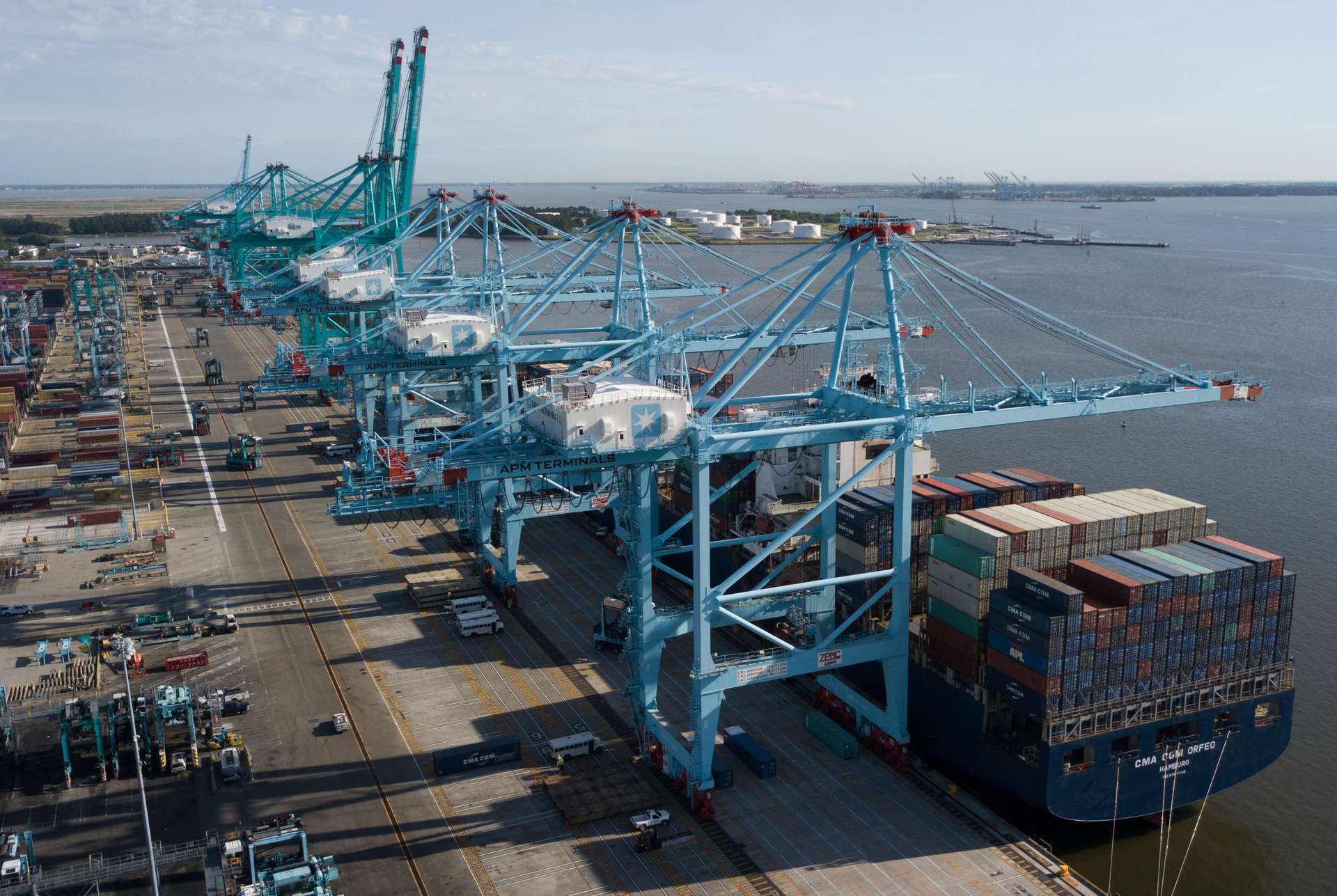 In this May 10, 2019 file photo, a container ship is unloaded at the Virginia International Gateway terminal in Norfolk, VA.