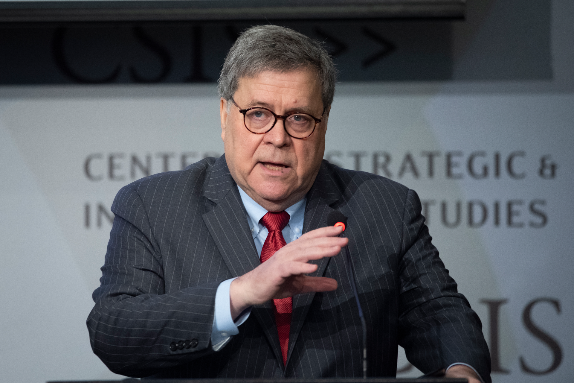 Attorney General William Barr gives the keynote address to the Center for Strategic and International Studies, CSIS China Initiative Conference, Thursday, Feb. 6, 2020, in Washington. (AP Photo/Cliff Owen)