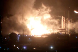 This image provided by WAFB shows a fire inside a refinery early Wednesday, Feb. 12, 2020 in Baton Rouge, La.