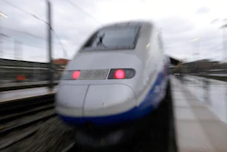 In this Monday, May 14, 2018 file photo, a TGV high-speed train at the Saint-Charles train station, in Marseille, southern France. French train maker Alstom said Monday Feb. 17, 2020, that it is in talks to possibly take over the train business of Bombardier, the Canadian aerospace and engineering company.