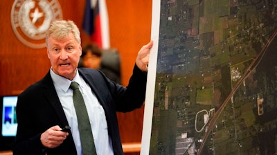 Special prosecutor Michael Doyle speaks during opening statements during the Arkema Inc. criminal trial at Harris County Criminal Courthouse Thursday, Feb. 27, 2020, in Houston. Arkema Inc., a subsidiary of a French chemical manufacturer, along with three senior staff members are on trial over a fire at the Houston-area chemical plant that was overwhelmed by Hurricane Harvey's flooding in 2017.