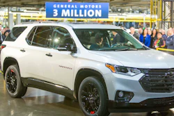 Darrell Kransz, a GM employee for 43.7 years, who also drove the 1 and 2 millionth vehicles produced, positions for a photo in a 2020 Chevrolet Traverse Premier Redline Edition after it rolled off the production line.