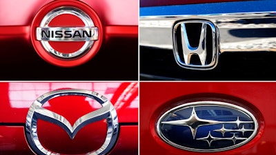 This undated combination of photos shows clockwise from top left the logos for Nissan, Honda, Mazda and Subaru. Sixty-four cars and SUVs sold in the U.S. earned Top Safety Pick awards from the Insurance Institute for Highway Safety. Those with a Top Safety Pick Plus rating are the Honda Insight, Mazda 3 sedan and hatchback, Subaru Crosstrek Hybrid, Mazda 6, Nissan Maxima, Subaru Legacy, the Subaru Outback built after October of last year, and the Toyota Camry.