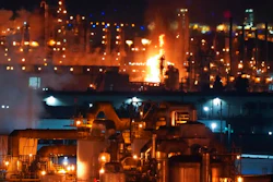 A fire burns after an explosion at the Marathon Refinery in Carson on Tuesday, Feb. 25, 2020.