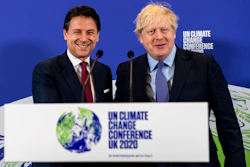 Britain's Prime Minister Boris Johnson, right, and Italy's Prime Minister Giuseppe Conte attend the launch of the upcoming UK-hosted COP26 UN Climate Summit in London, Tuesday Feb. 4, 2020, that will take place in autumn 2020 in Glasgow, Scotland. Johnson is expected to announce a target to stop selling new petrol and diesel vehicles by 2035, including hybrid vehicles for the first time.