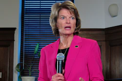 U.S. Sen. Lisa Murkowski speaks with reporters after delivering an annual speech to a joint session of the Alaska Legislature on Tuesday, Feb. 18, 2020, in Juneau, Alaska.