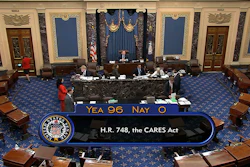 In this image from video, the final vote of 96-0 shows passage of the $2.2 trillion economic rescue package in response to coronavirus pandemic, passed by the Senate at the U.S. Capitol in Washington on Wednesday, March 25