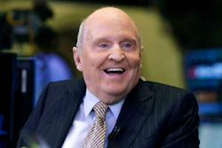 In this Oct. 22, 2013 file photo, former Chairman and CEO of General Electric Jack Welch appears on CNBC on the floor of the New York Stock Exchange. Welch, who transformed General Electric Co. into a highly profitable multinational conglomerate and parlayed his legendary business acumen into a retirement career as a corporate leadership guru, has died at the age of 84.