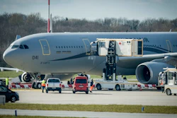 An Airbus A330 of the French Air Force is on display at the Airport of Hamburg, Germany, Tuesday, March 31, 2020. The plane will fly six corona patients who need to be ventilated to Germany for treatment. In order to slow down the spread of the coronavirus, the German government has considerably restricted public life and asked the citizens to stay at home. The new coronavirus causes mild or moderate symptoms for most people, but for some, especially older adults and people with existing health problems, it can cause more severe illness or death.