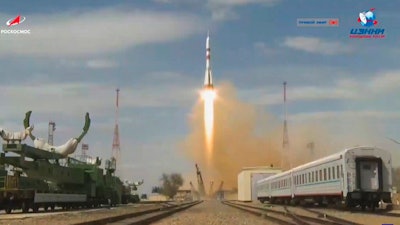 In this grab taken from video footage released by Roscosmos Space Agency, the Soyuz-2.1a rocket booster with Soyuz MS-16 space ship carrying a new crew to the International Space Station, ISS, blasts off at the Russian leased Baikonur cosmodrome, Kazakhstan, Thursday, April 9, 2020. The Russian rocket carries U.S. astronaut Chris Cassidy, Russian cosmonauts Anatoly Ivanishin and Ivan Vagner.