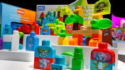 Mega Bloks, by Mattel, are displayed at Toy Fair New York, in the Javits Convention Center, Monday, Feb. 24, 2020. From Baby Yoda to eco-friendly stacking rings, toymakers displayed an array of goods that they hope will be on kids' wish lists for the holiday 2020 season. The four-day Toy Fair comes as the U.S. toy industry has been whipsawed by a number of obstacles.