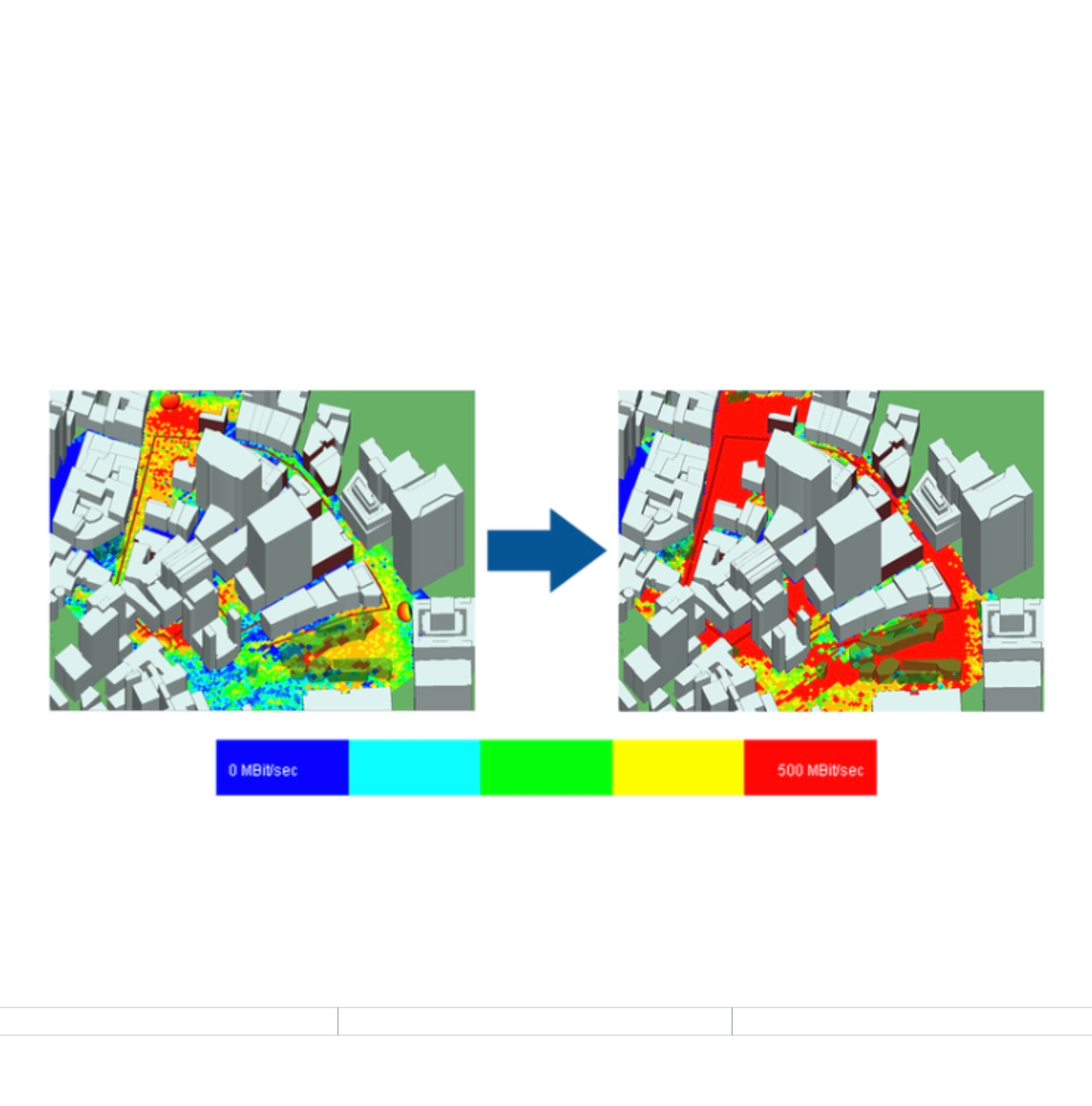 Side-by-side comparison showing throughput in downtown area using single antennas (left) vs. MIMO beamforming (right).