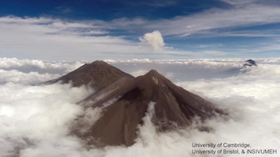 Volcán de Fuego (near with plume), neighboring Volcán de Acatenango, and Volcán de Agua (far). Picture taken on a BVLOS long-range flight.