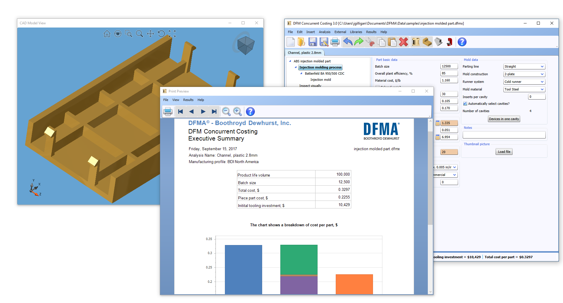 DFM Concurrent Costing 3.0 software from Boothroyd Dewhurst, Inc. is calculating the optimum processing time and molding equipment for the part geometry shown in the upper left. Many factors are evaluated such as cooling rates and cycle times. In this case, a Battenfeld system was selected, along with ABS material. The Executive Summary report in the center window reveals product life volume, batch size, total cost, piece part cost, and initial tooling investment. DFM 3.0 allows multiple processes and materials to be compared or eliminated for a given product geometry. Such comparisons can lead to significant cost savings.