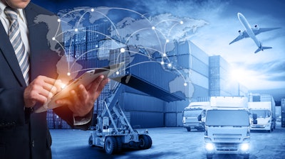 Hand Holding Tablet Is Pressing Button On Touch Screen Interface In Front Logistics Industrial Container Cargo Freight Ship 800998060 8576x4016