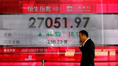 A man walks past an electronic board showing Hong Kong share index outside a local bank in Hong Kong, Wednesday, Jan 23, 2019. Asian markets edged higher on Wednesday but trading was subdued with poor Japanese trade data and a possible bump in U.S-China talks.