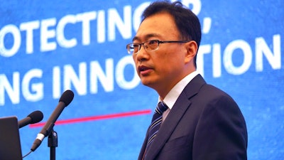 Huawei's Head of Intellectual Property Jason Ding speaks at a press conference at the company's headquarters in Shenzhen in southern China's Guangdong province, Thursday, June 27, 2019. Chinese tech giant Huawei has warned a U.S. proposal to block the company from pursuing damages in the country's patent courts would be a 'catastrophe for global innovation.'