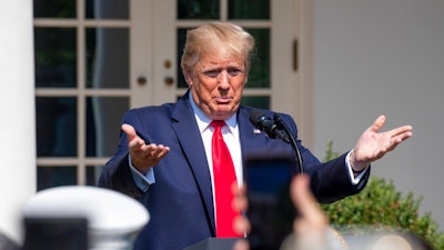 President Donald Trump welcomes first responders before signing H.R. 1327, an act ensuring that a victims' compensation fund related to the Sept. 11 attacks never runs out of money, in the Rose Garden of the White House, Monday, July 29, 2019, in Washington.