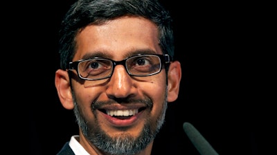 In this Tuesday, Jan. 22, 2019, file photo, Sundar Pichai, CEO of Google, speaks during a statement as part of the opening of a new Google office in Berlin. Google is committing to a White House initiative designed to get private companies to expand job training for American workers.